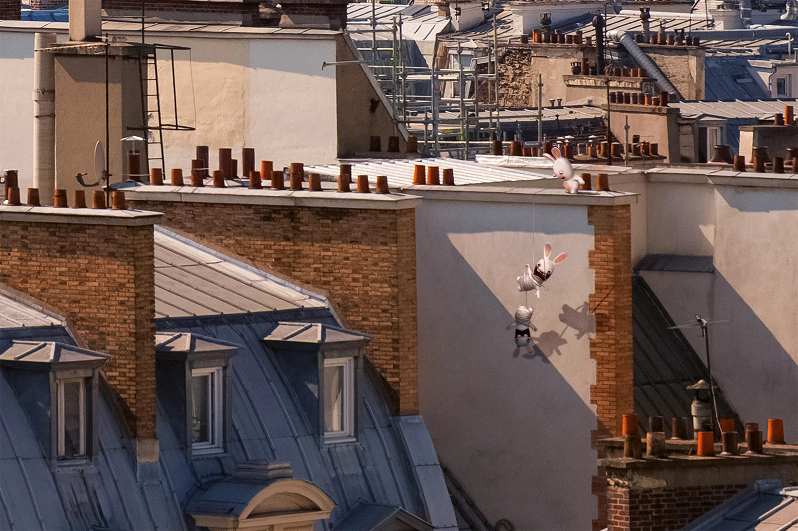 Détail du panorama parisien avec des Lapins Crétins cachés sur les toits